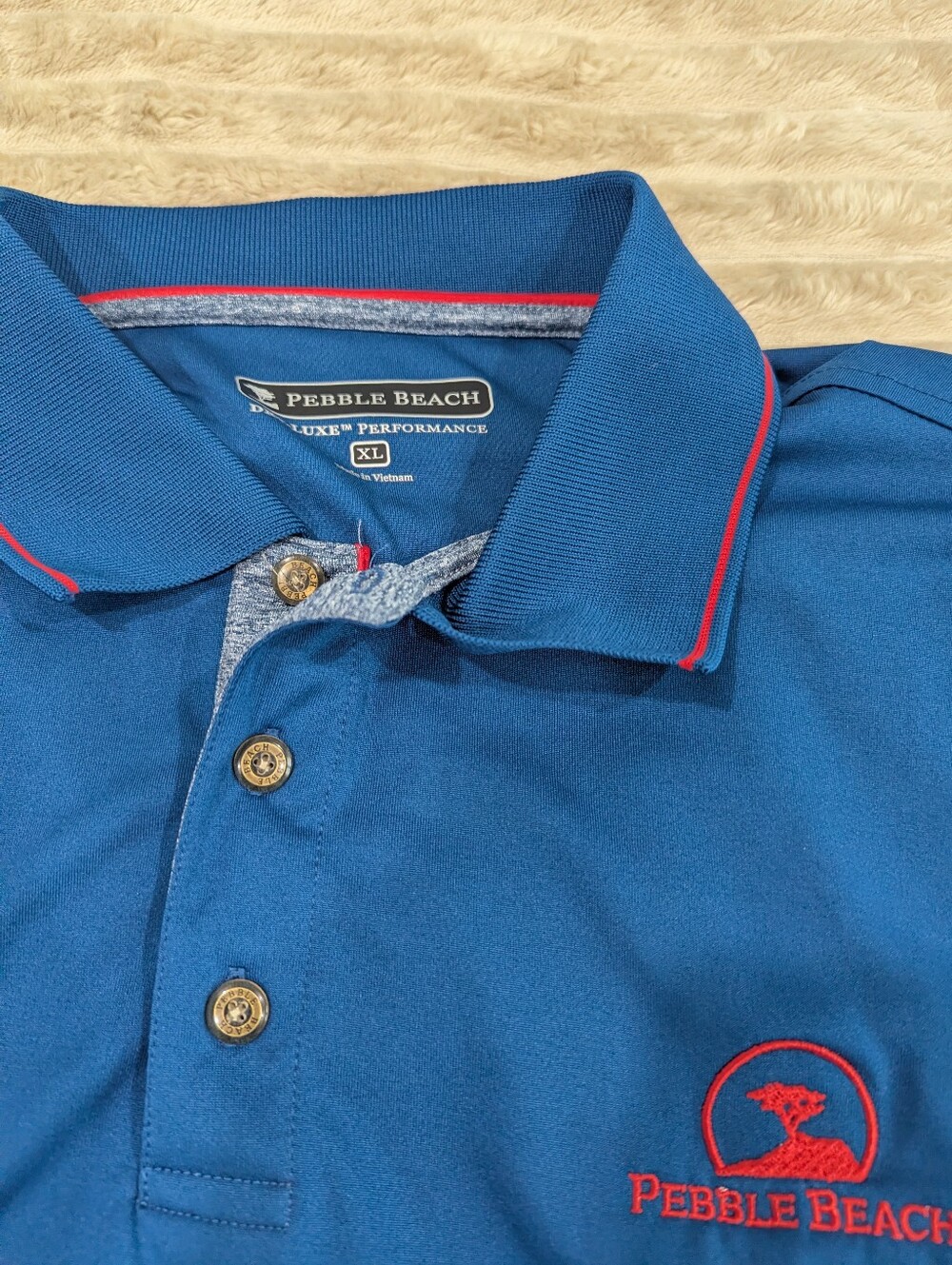 Pebble Beach Blue Golf Polo with Red Trim Accents